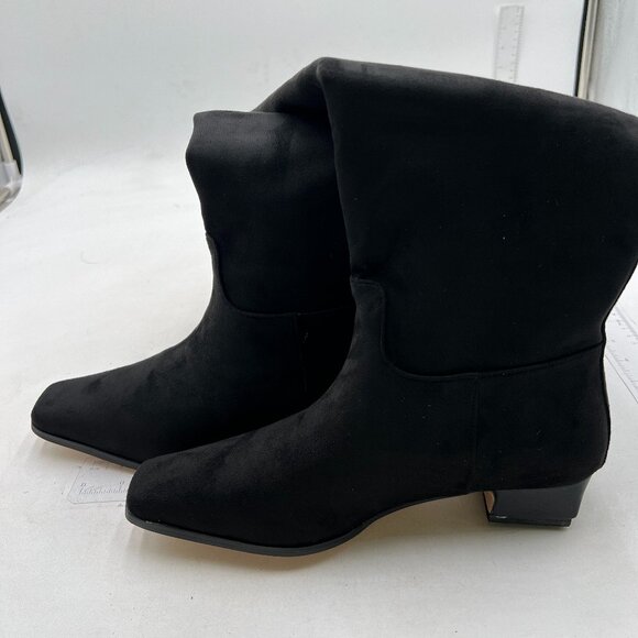 Black Suede Square Toe Knee High Boot Wide Calf Low Chunky Heel Winter Long Boot - Picture 4 of 8